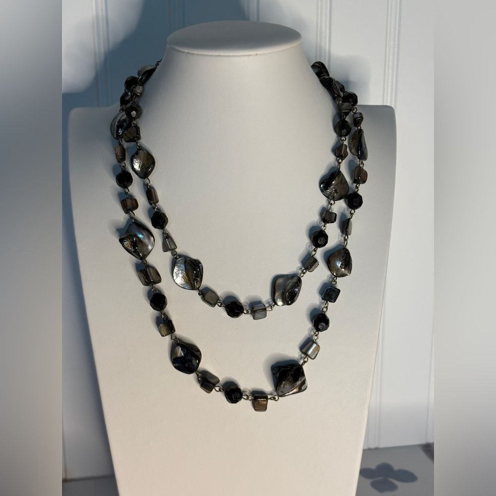 Blue and black faceted beaded Necklace W/Double Strands Silver-Tone Chain